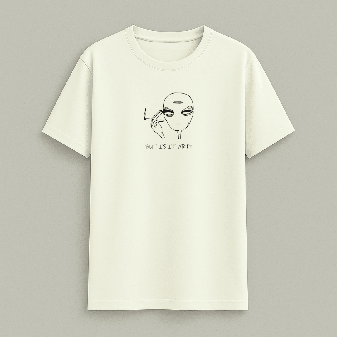Off White t-shirt with alien meme graphic and text 'BUT IS IT ART?' on a gray background wordsarmor
