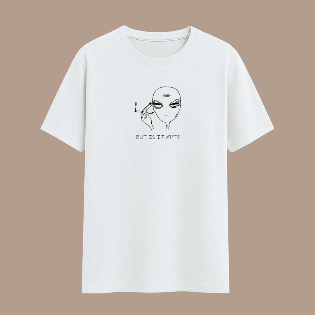 White t-shirt with alien meme graphic and text on a beige background wordsarmor