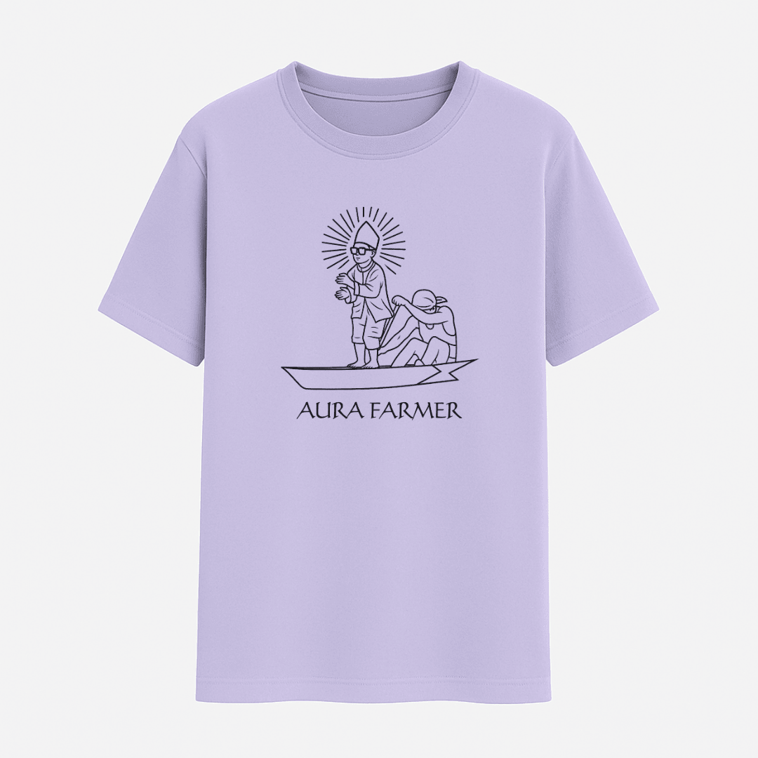Lavender t-shirt with 'Aura Farmer' graphic design on a white background wordsarmor