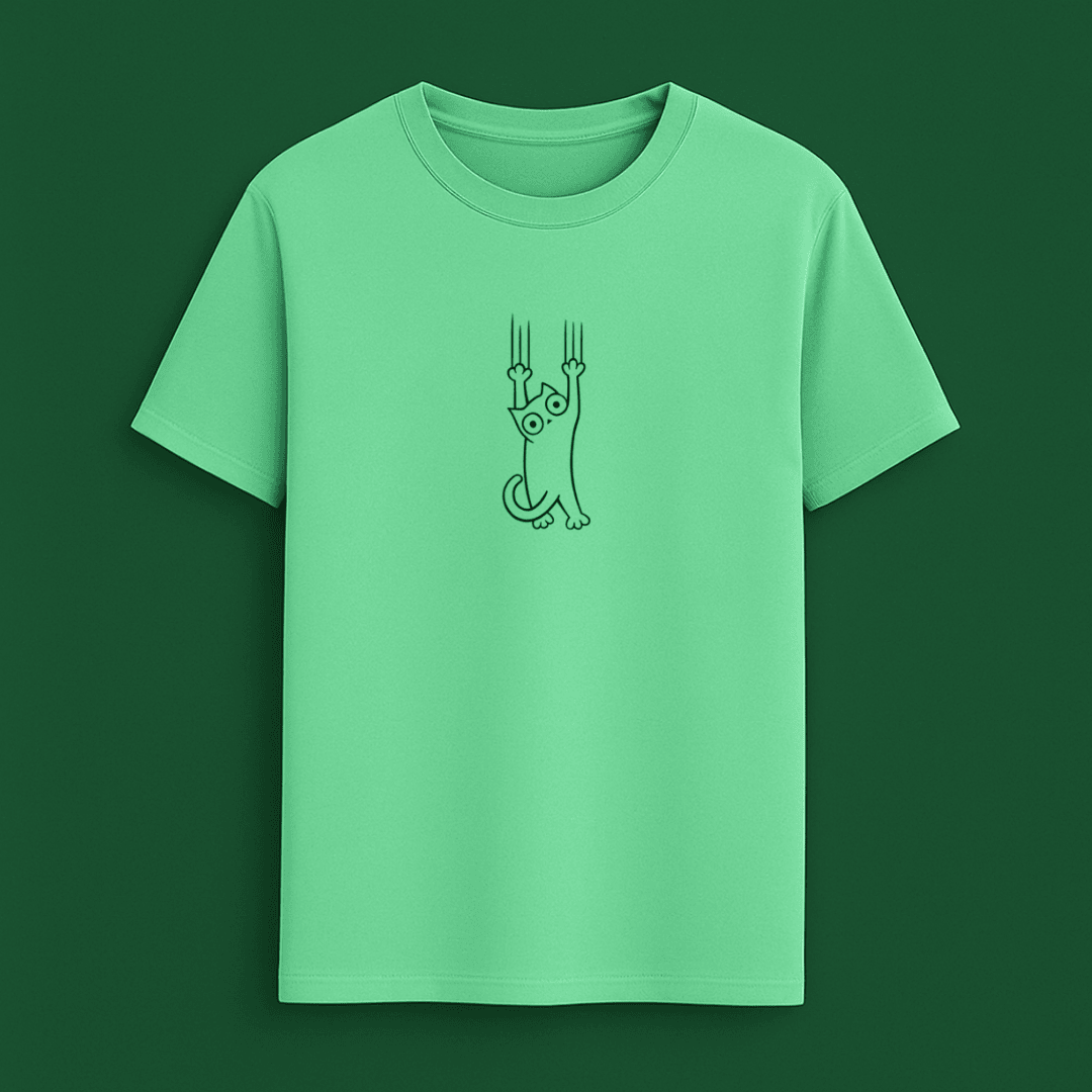 Green t-shirt with a black cat graphic on a green background wordsarmor
