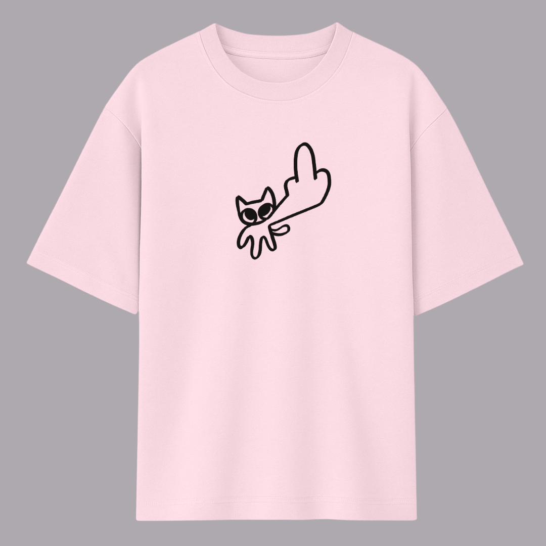 Baby Pink t-shirt with a black cat graphic on a gray background wordsarmor