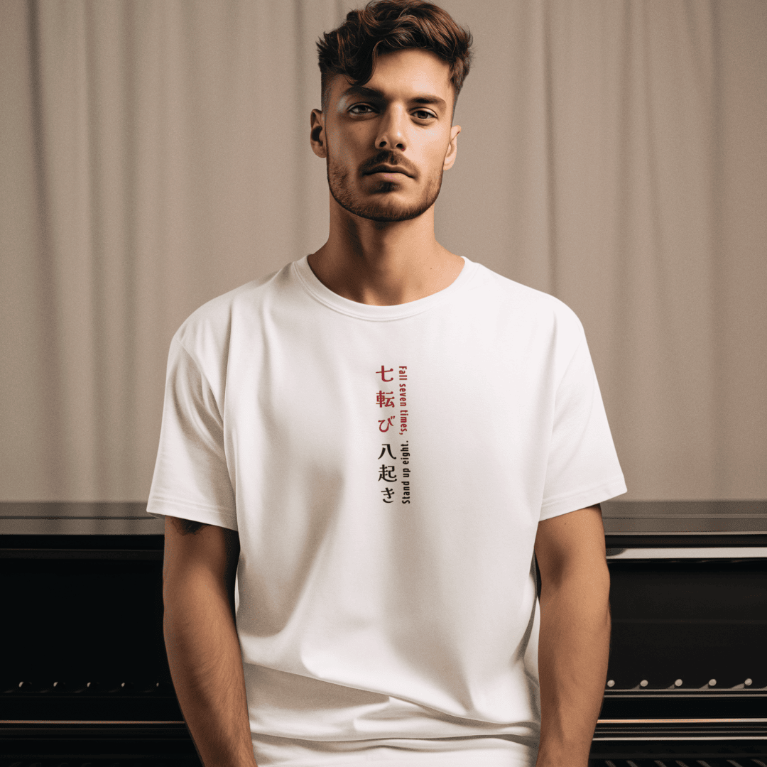 Man wearing a white t-shirt with quote text and graphics against a neutral background wordsarmor