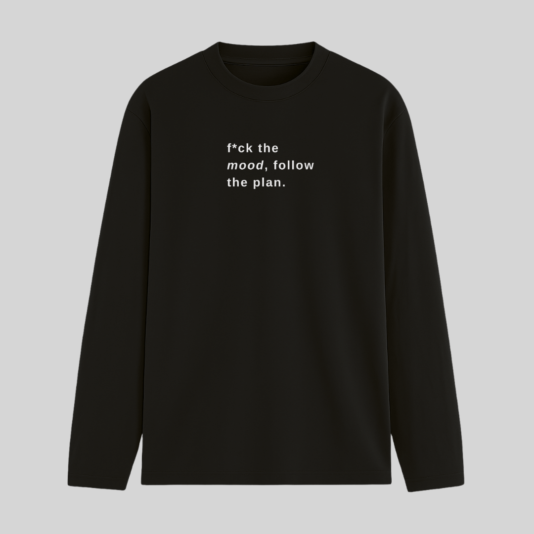 Black long-sleeve shirt with white text on a light gray background wordsarmor