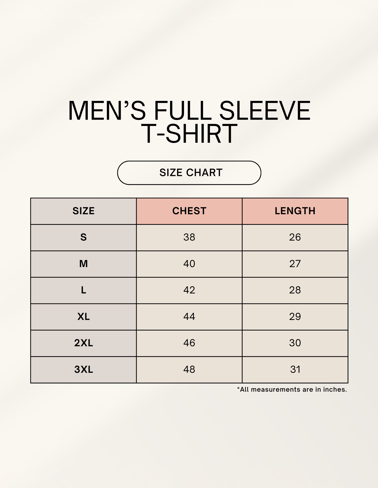 Size Chart for Full Sleeve Unisex T-Shirts - Words Armor (S to 3XL)