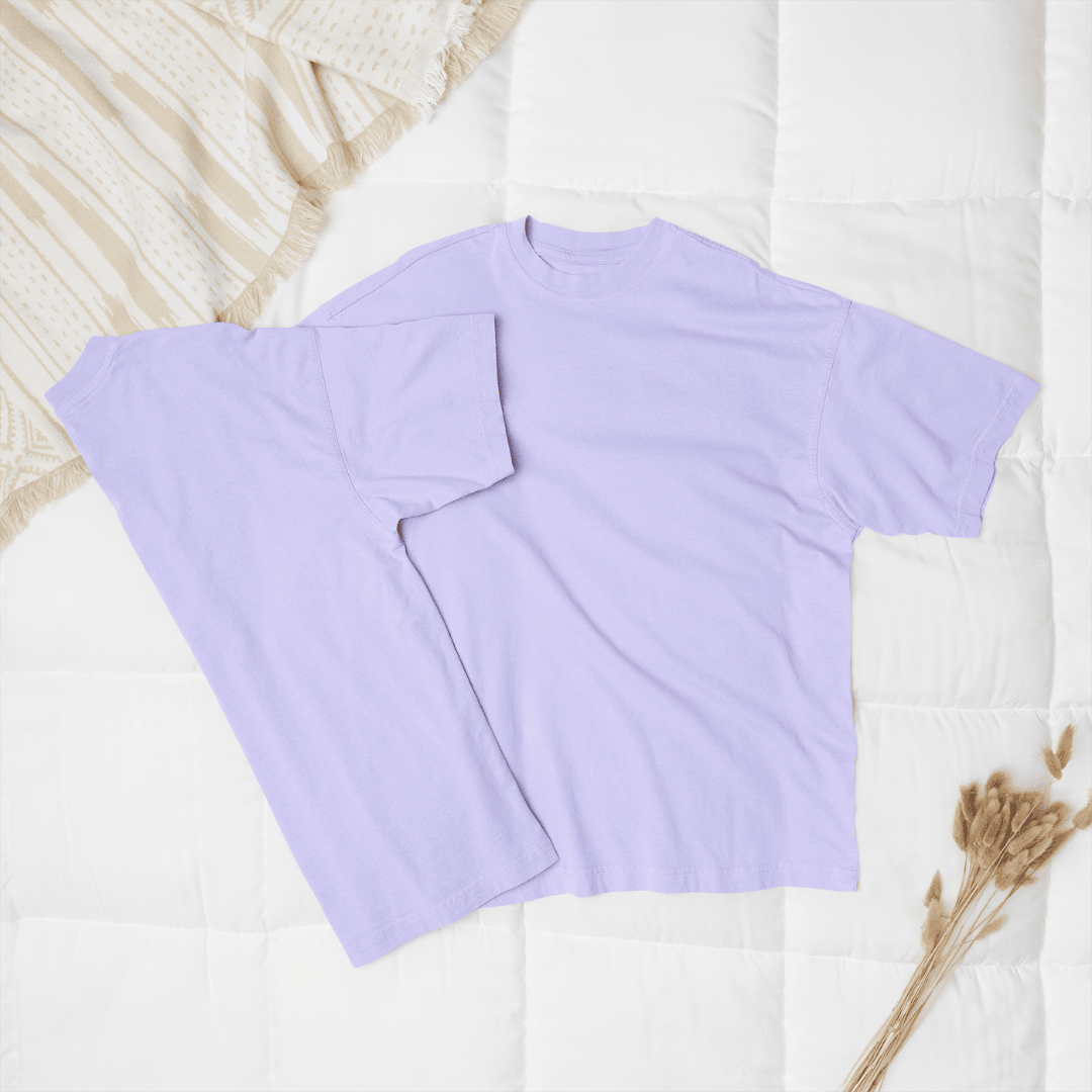 Plain lavender oversized unisex t-shirt front and back view – premium cotton solid tshirt by Words Armor