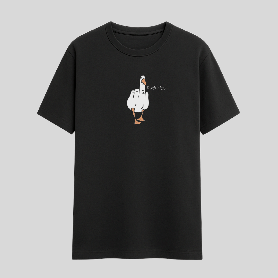 Black t-shirt with a graphic of a duck giving the middle finger on a gray background wordsarmor