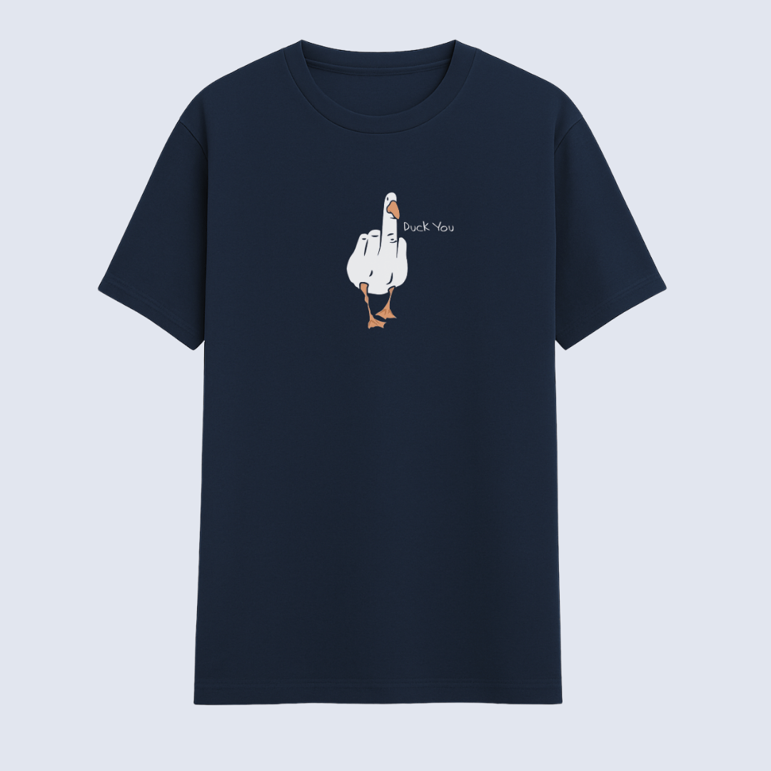 Navy blue t-shirt with a graphic of a duck giving the middle finger on a light gray background wordsarmor