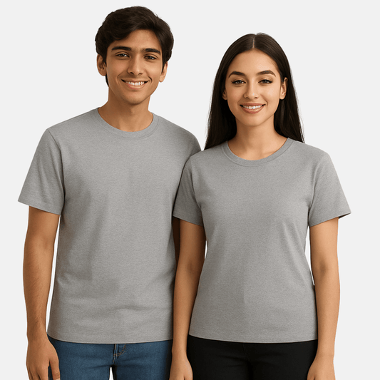 A model in India wearing the wrinkle-free, grey melange classic t-shirt by Words Armor.