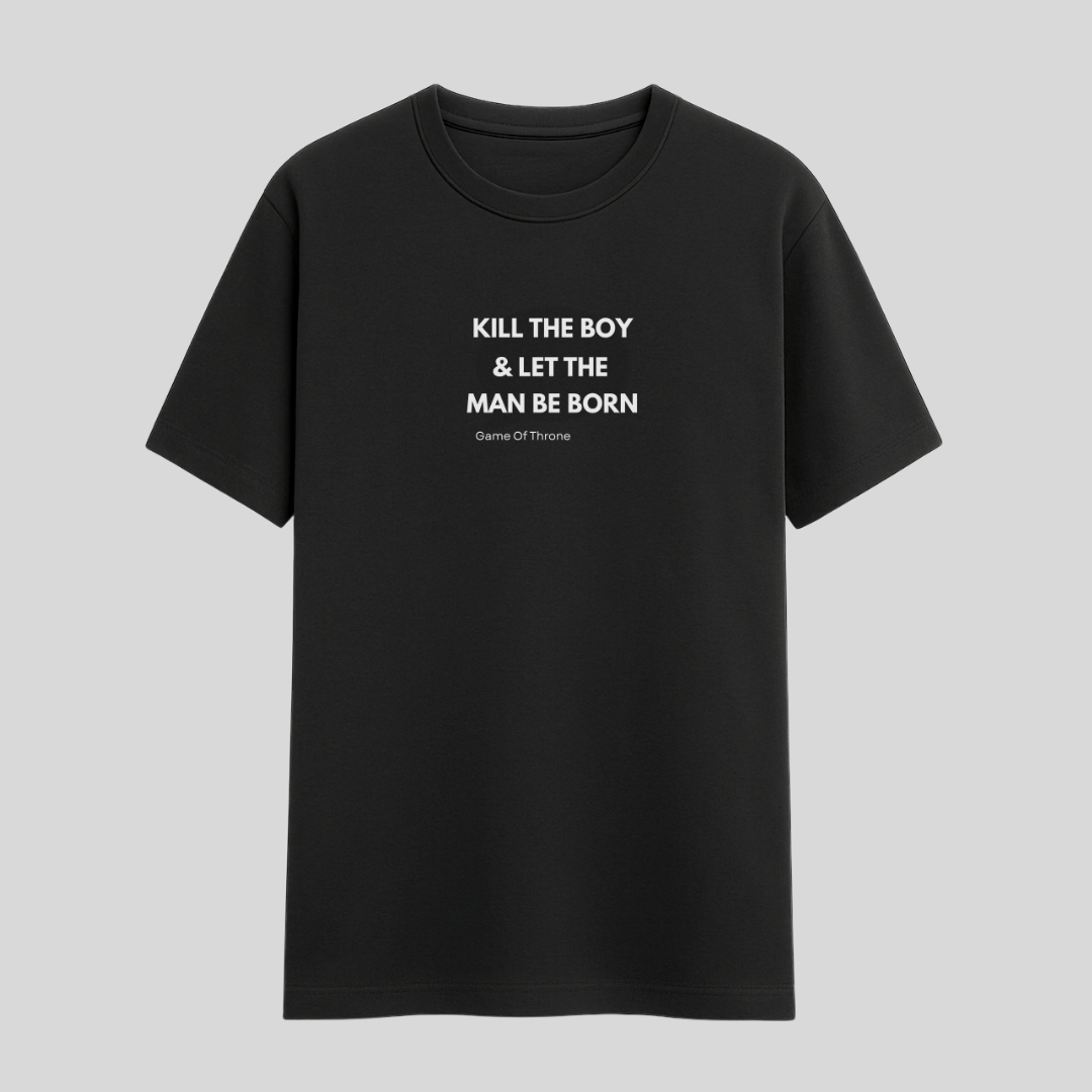 Black t-shirt with white text on a gray background