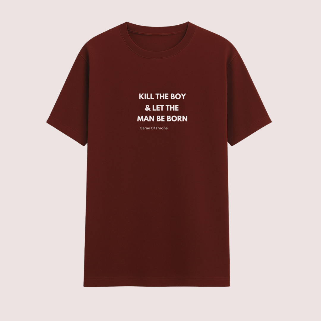 Maroon t-shirt with white text on a beige background