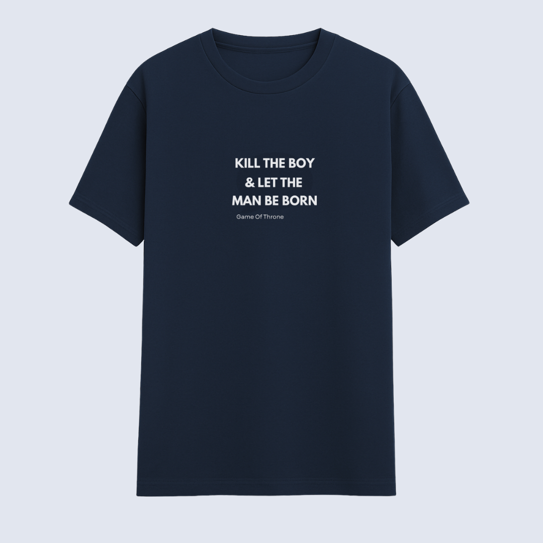 Navy blue t-shirt with white text on a light gray background
