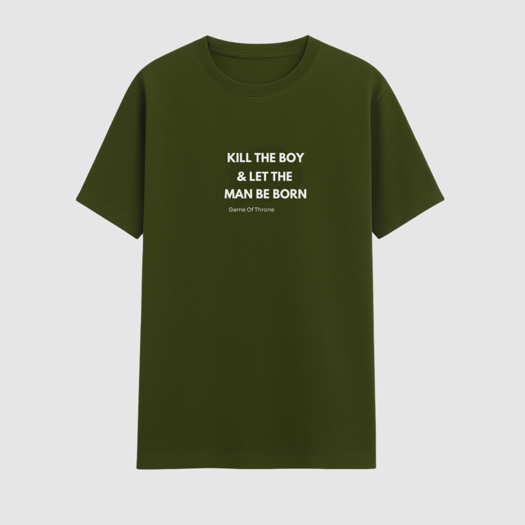 Green t-shirt with white text on a light gray background