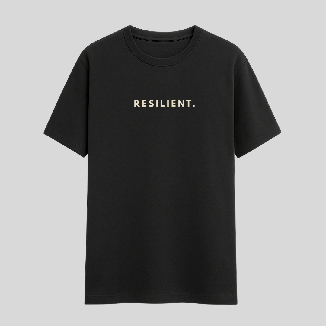 Black t-shirt with 'RESILIENT.' text on a light gray background wordsarmor