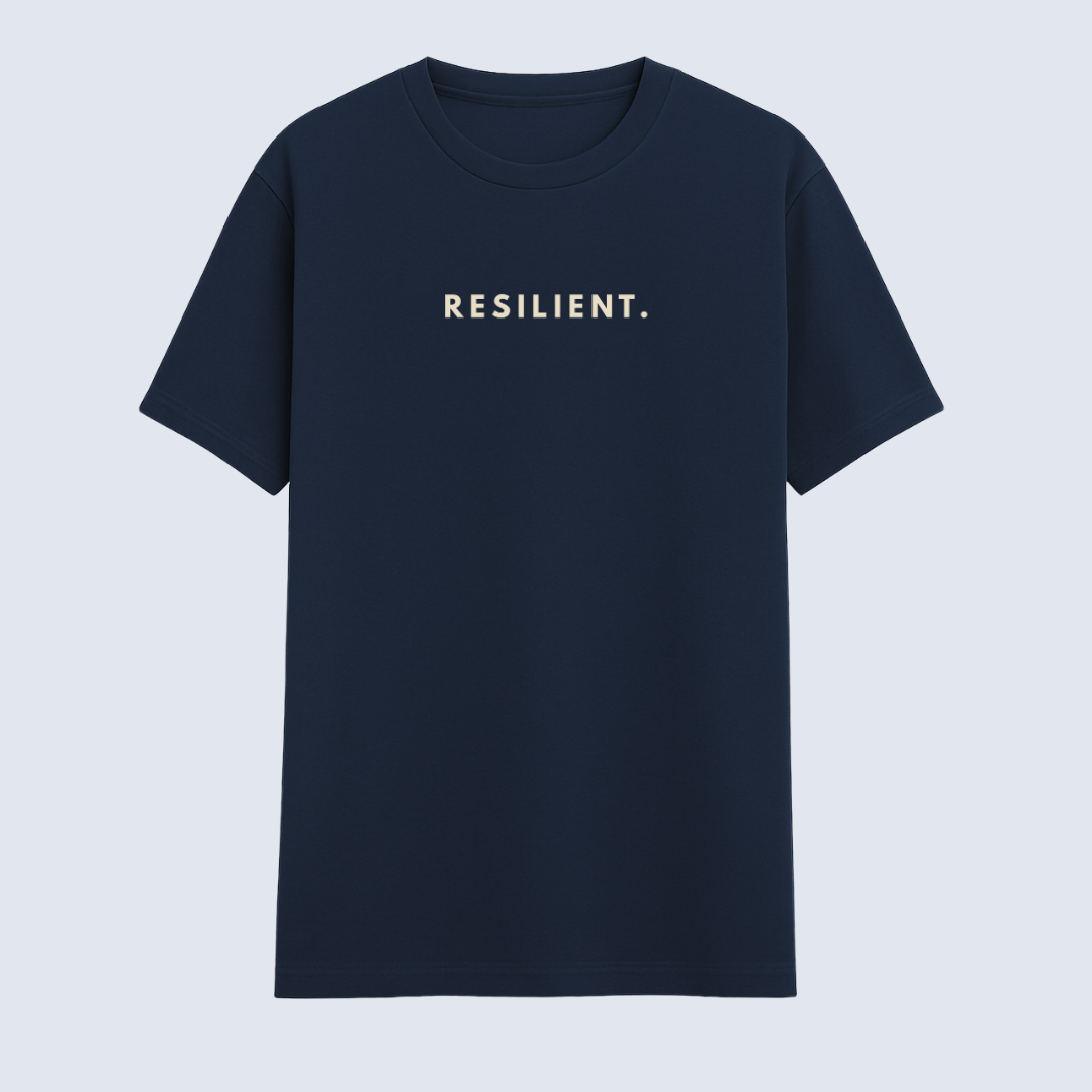 Navy blue t-shirt with 'RESILIENT.' text on a light gray background wordsarmor