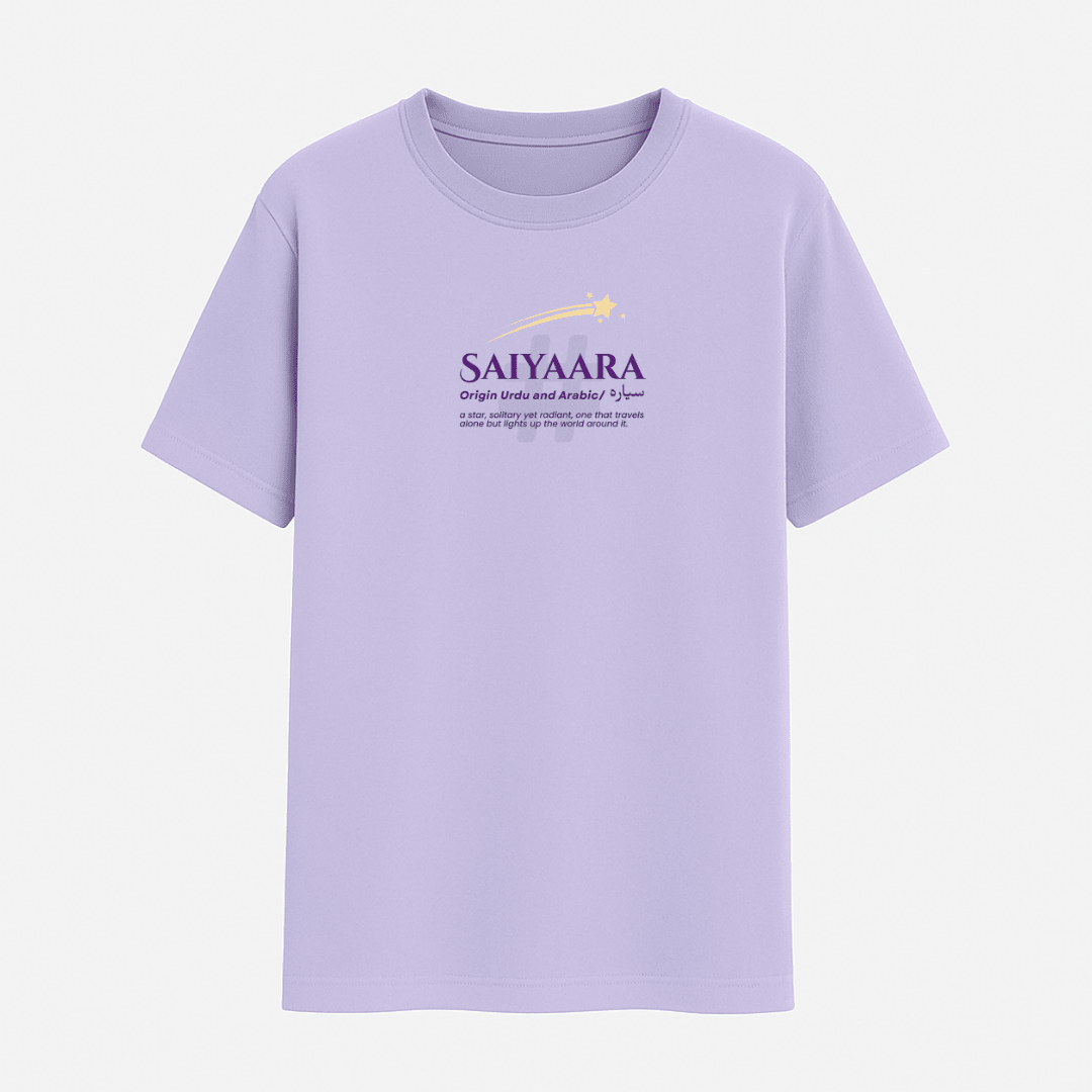 Lavender t-shirt with 'SAIYAARA' text and logo on a white background wordsarmor
