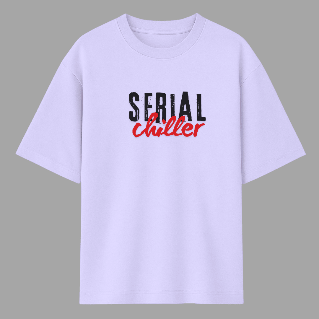 Lavender t-shirt with 'Serial Chiller' text on a gray background wordsarmor