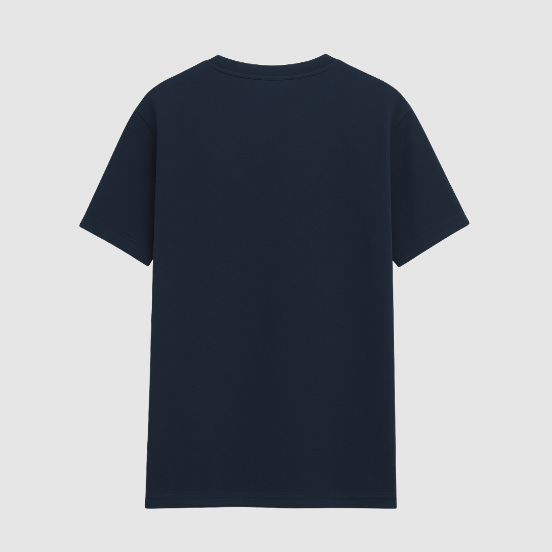 Navy blue t-shirt on a light gray background wordsarmor