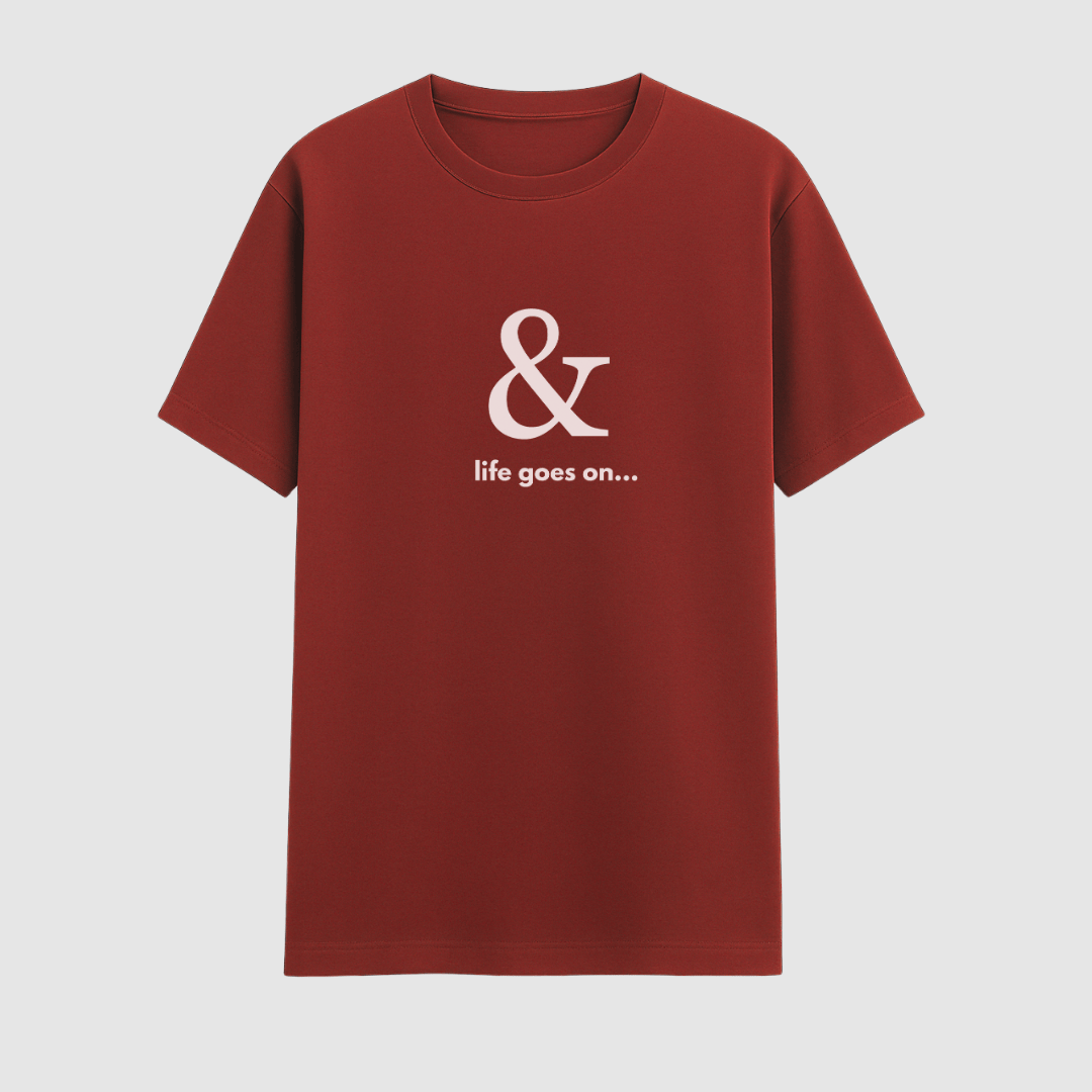 Red t-shirt with a white ampersand and text on a light gray background wordsarmor