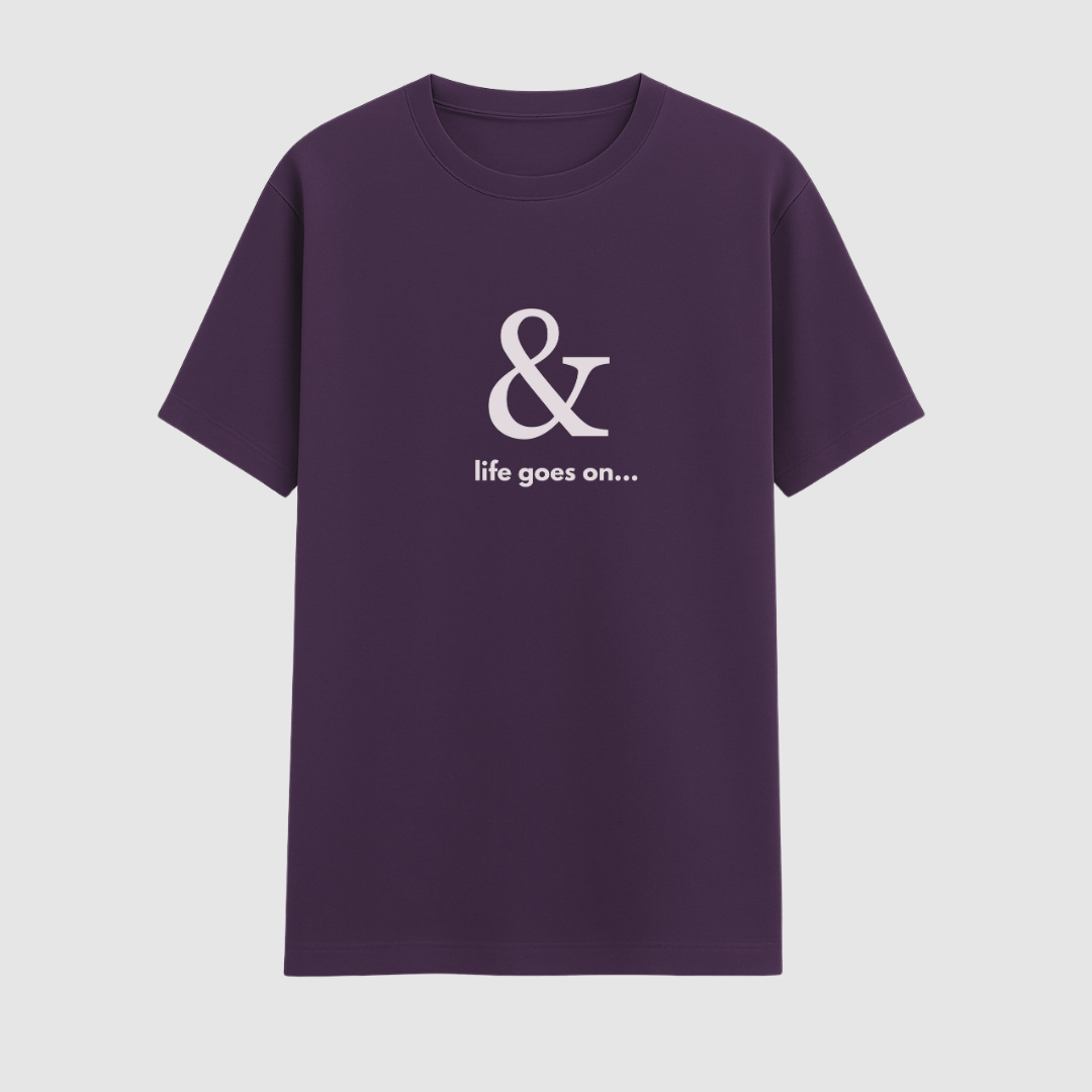 Purple t-shirt with a white ampersand and text on a light gray background wordsarmor