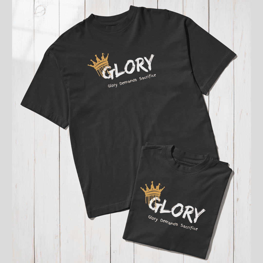 Black t-shirt with 'GLORY' design on a wooden surface wordsarmor