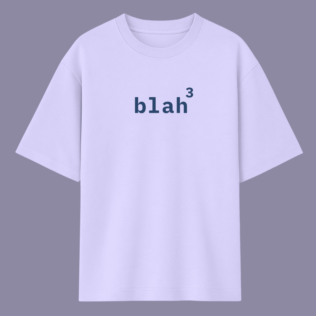 Lavender t-shirt with 'blah^3' text on a gray background wordsarmor
