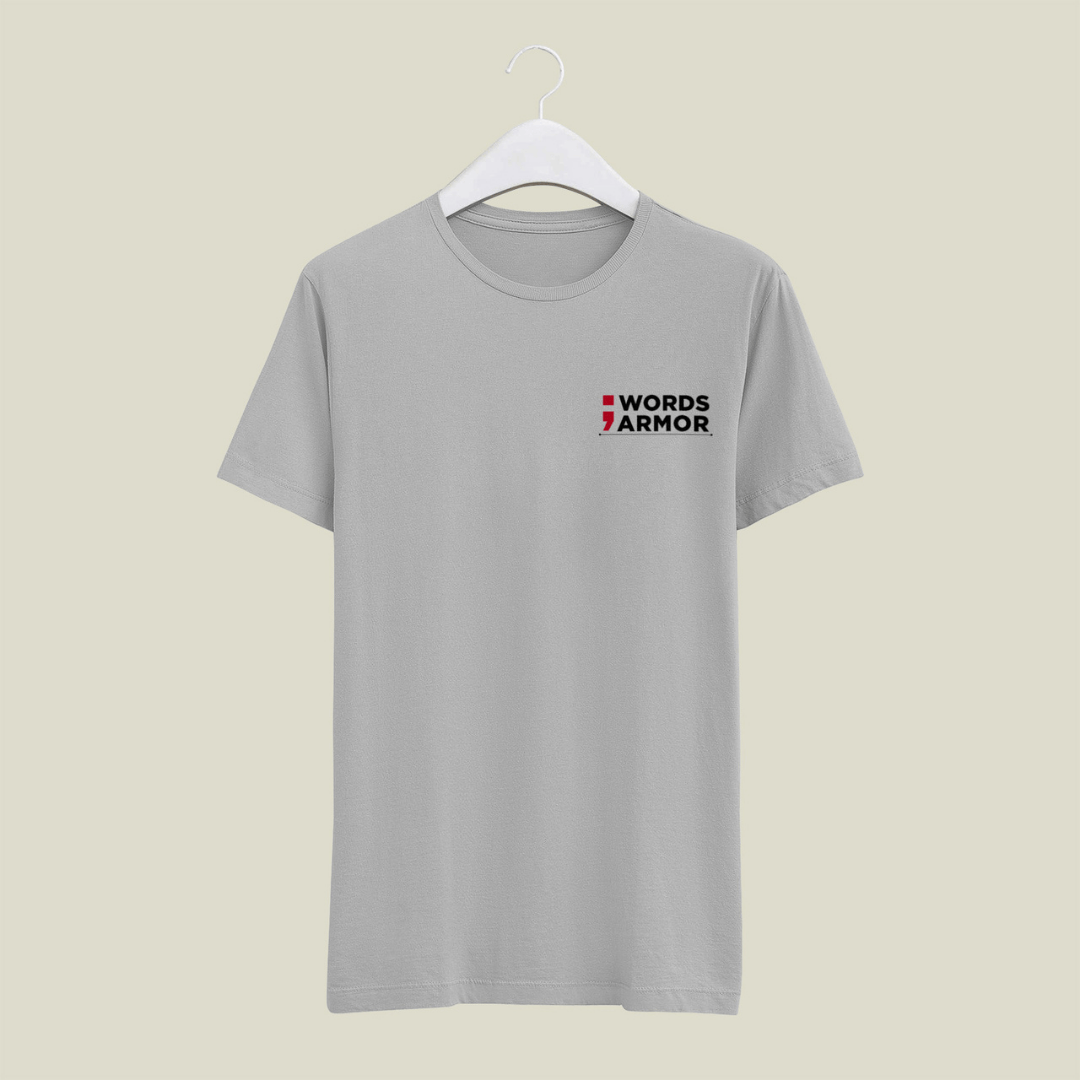 Gray melange t-shirt with 'Words Armor' logo on a beige background