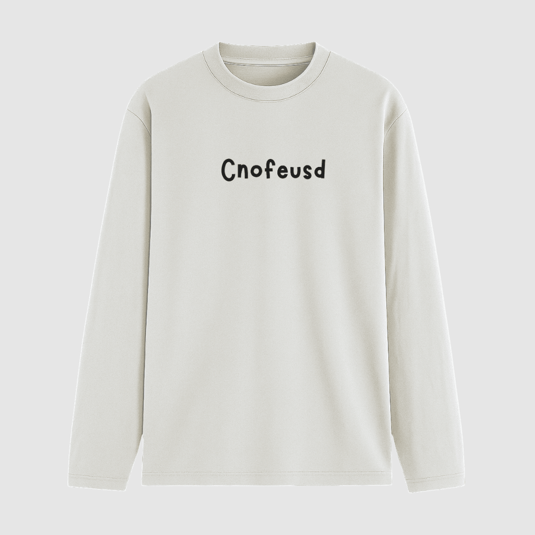 White long-sleeve tshirt with 'Cnofeusd' text on a white background wordsarmor