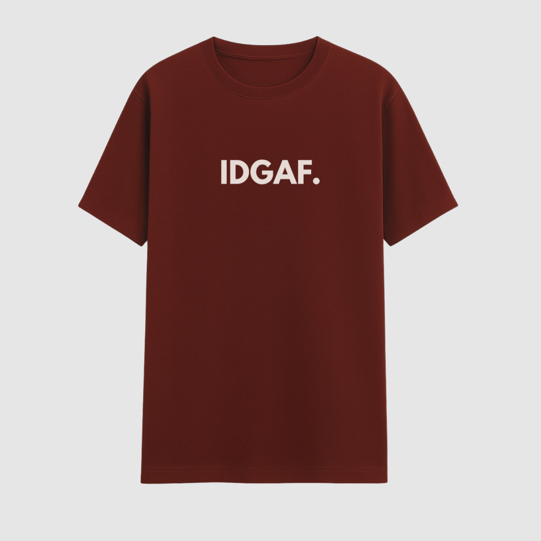 Maroon t-shirt with 'IDGAF' text on a light gray background wordsarmor