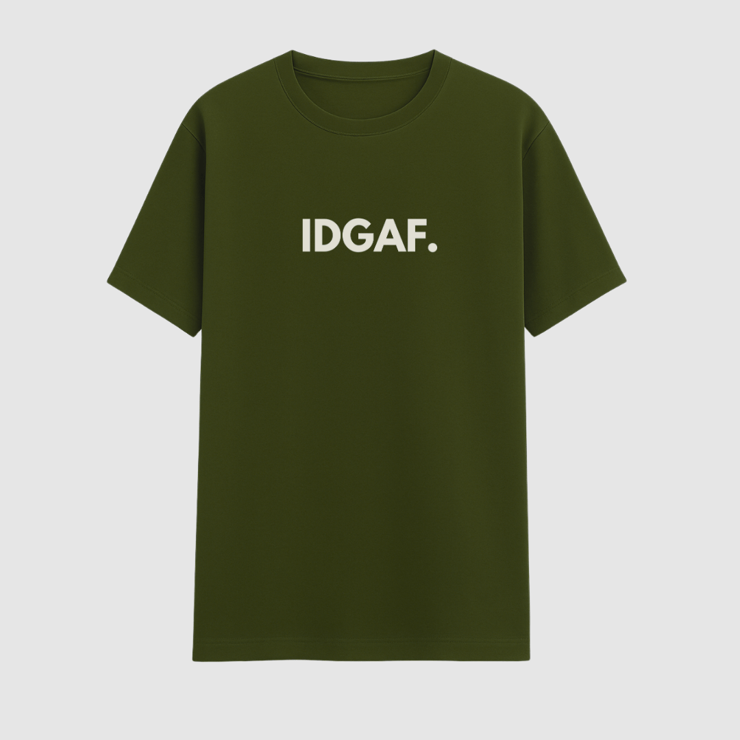 Green t-shirt with 'IDGAF' text on a light gray background wordsarmor