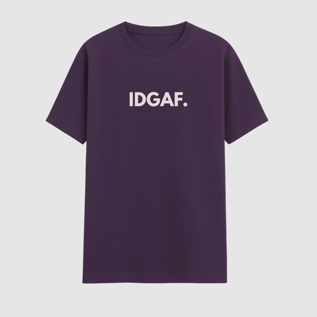 Purple t-shirt with 'IDGAF.' text on a light gray background wordsarmor