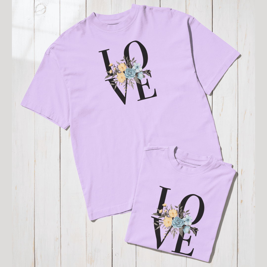 Lavender t-shirt and shorts set with 'LOVE' design on a wooden surface wordsarmor