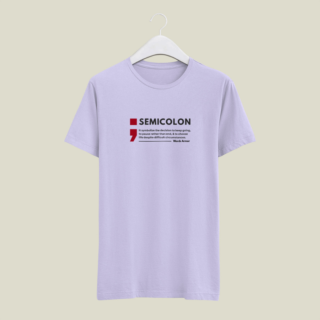 Lavender t-shirt with a graphic design on a beige background wordsarmor