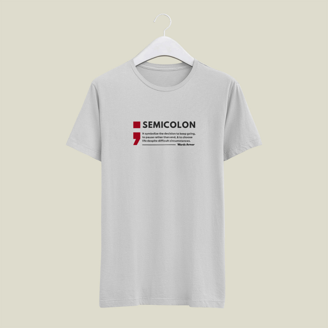 melange Gray t-shirt with a red and black semicolon graphic and text on a beige background wordsarmor