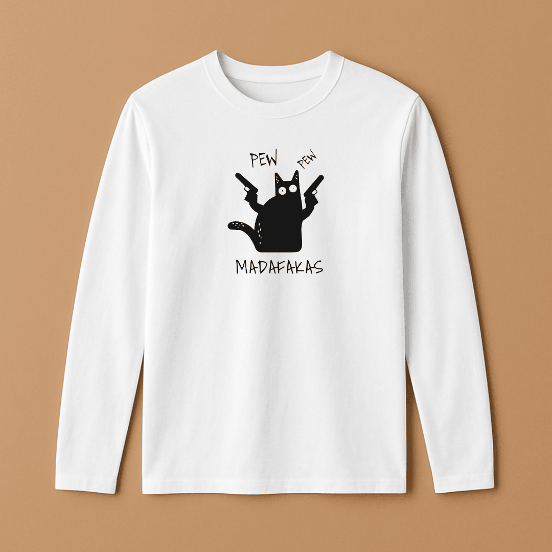 White long-sleeve shirt with a black graphic and text on a brown background wordsarmor