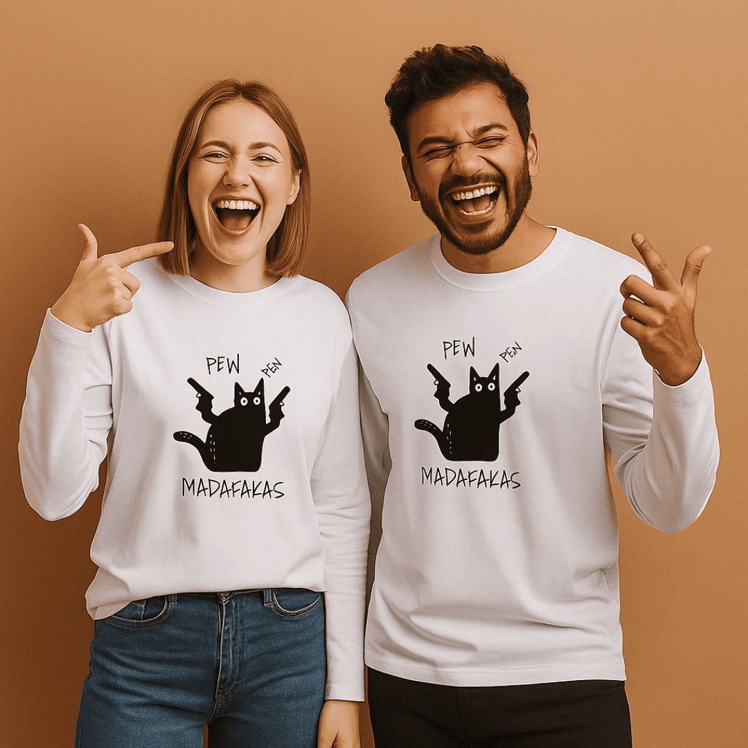 Two people wearing white ttshirts with a black graphic and text on a brown background wordsarmor