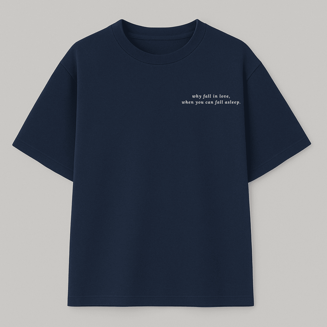 Navy blue t-shirt with white text on a light gray background wordsarmor