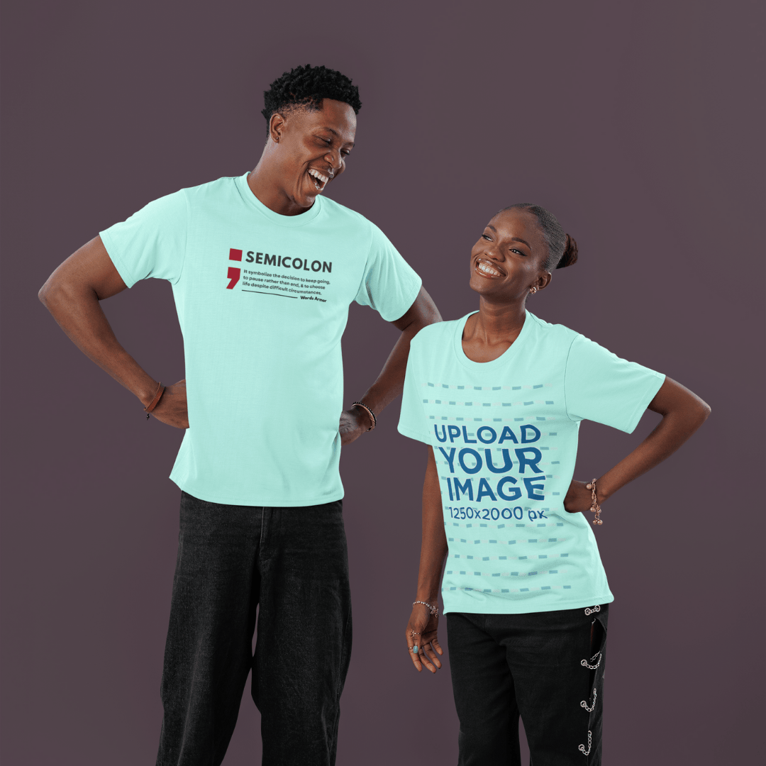 Two people wearing mint colour t-shirts with semicolon text designs on a dark purple background wordsarmor