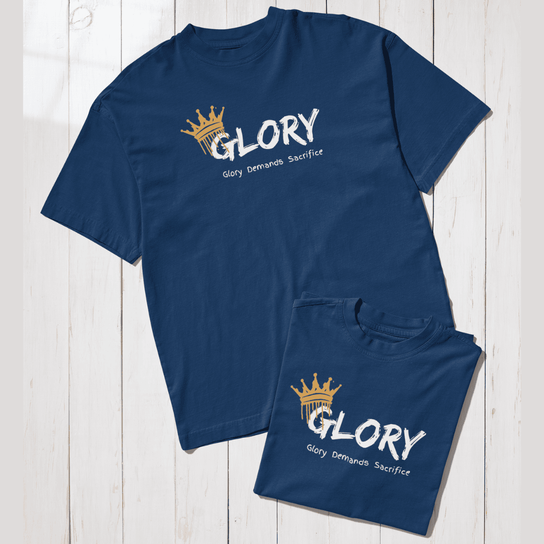 Navy blue t-shirt and shorts set with 'GLORY' and crown design on a light wooden background wordsarmor