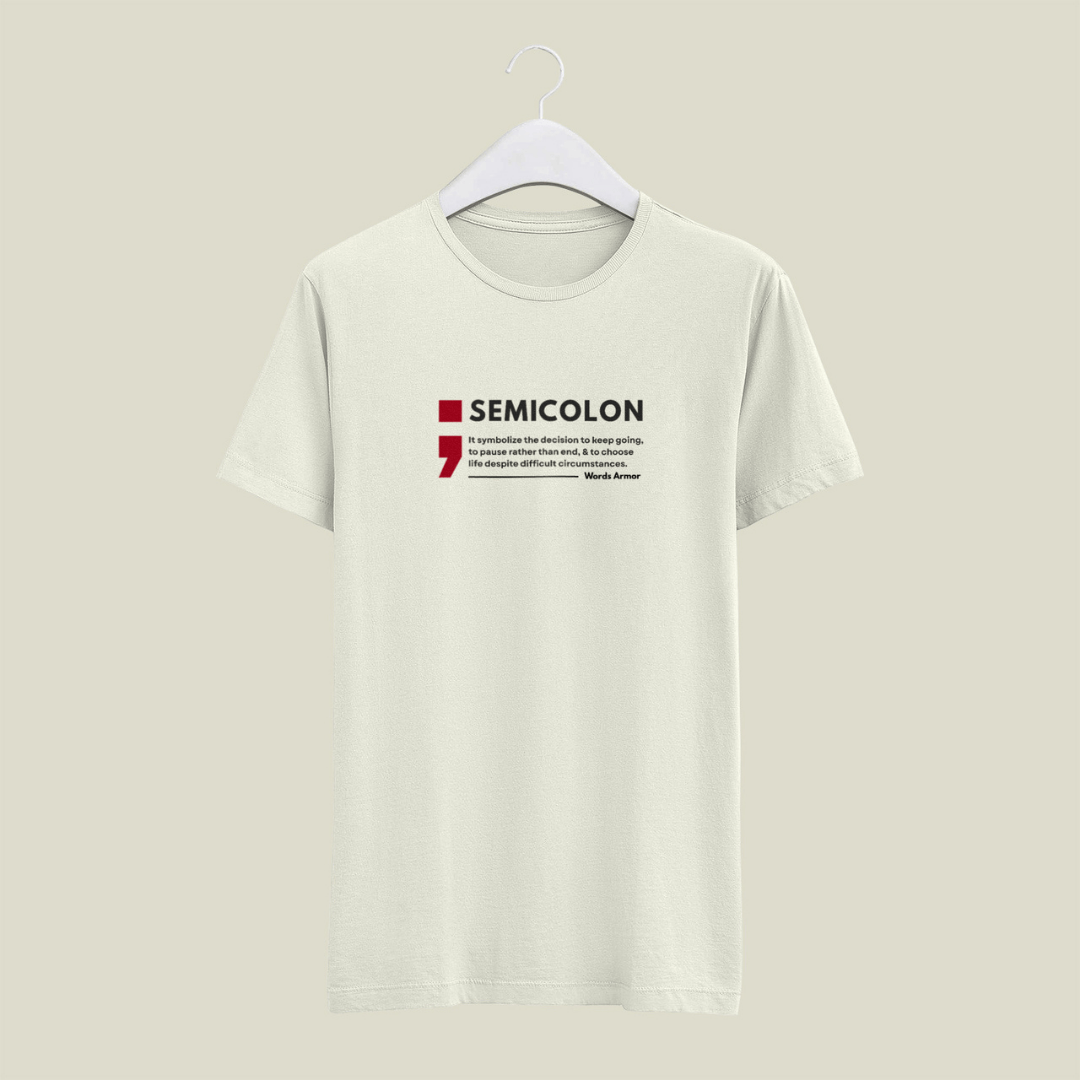 Off White t-shirt with 'SEMICOLON' design on a beige background wordsarmor