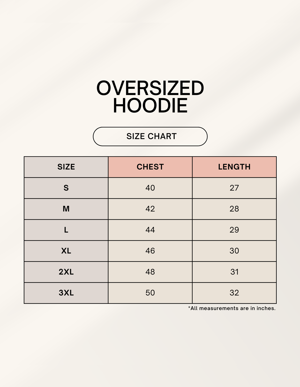 Words Armor oversized hoodie size guide chart showing measurements for men and women; clear sizing information on a white background.