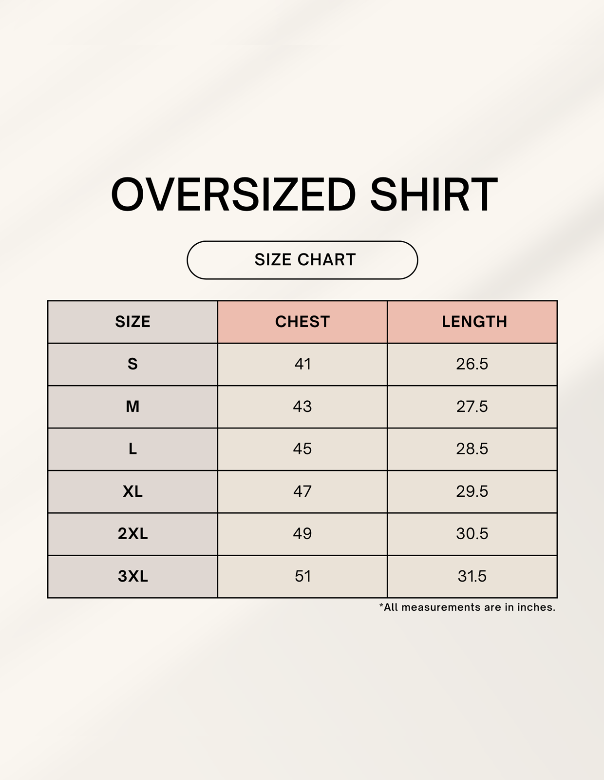 Size chart for unisex oversized half sleeve shirt – chest, length, shoulder & sleeve measurements – Words Armor