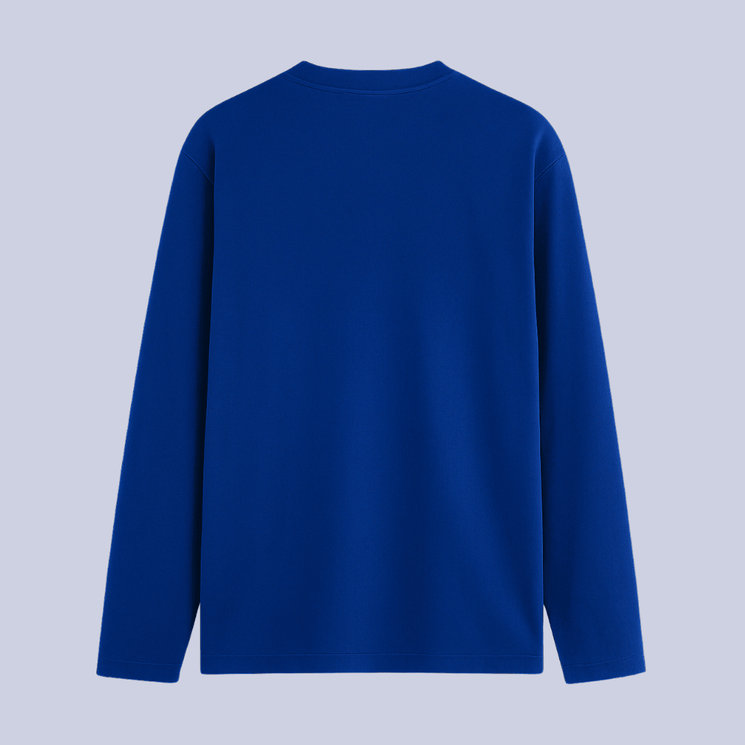 Blue long-sleeve shirt on a light gray background wordsarmor
