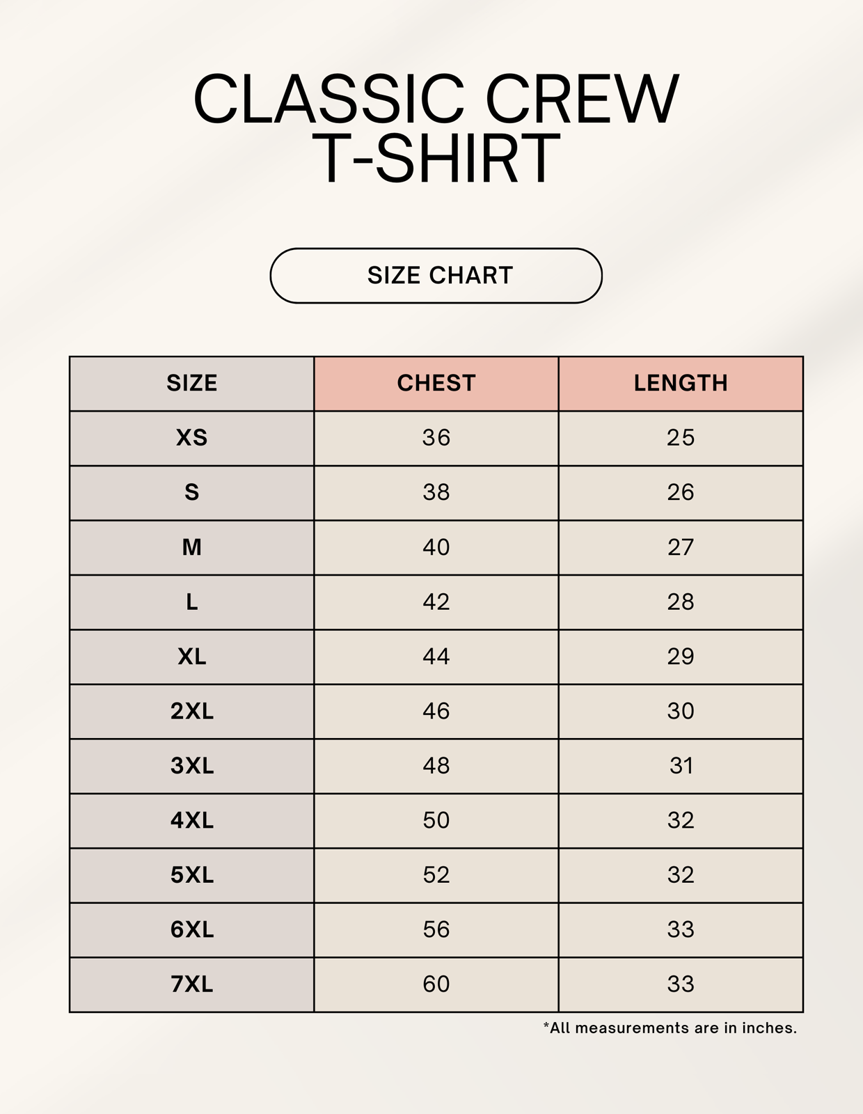 T-shirt size chart – Words Armor unisex and classic fit measurements from XS to 5XL