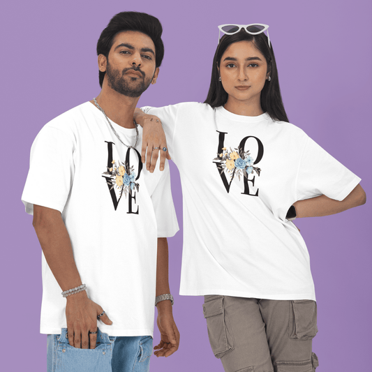 Two people wearing white t-shirts with 'LOVE' print on a purple background wordsarmor