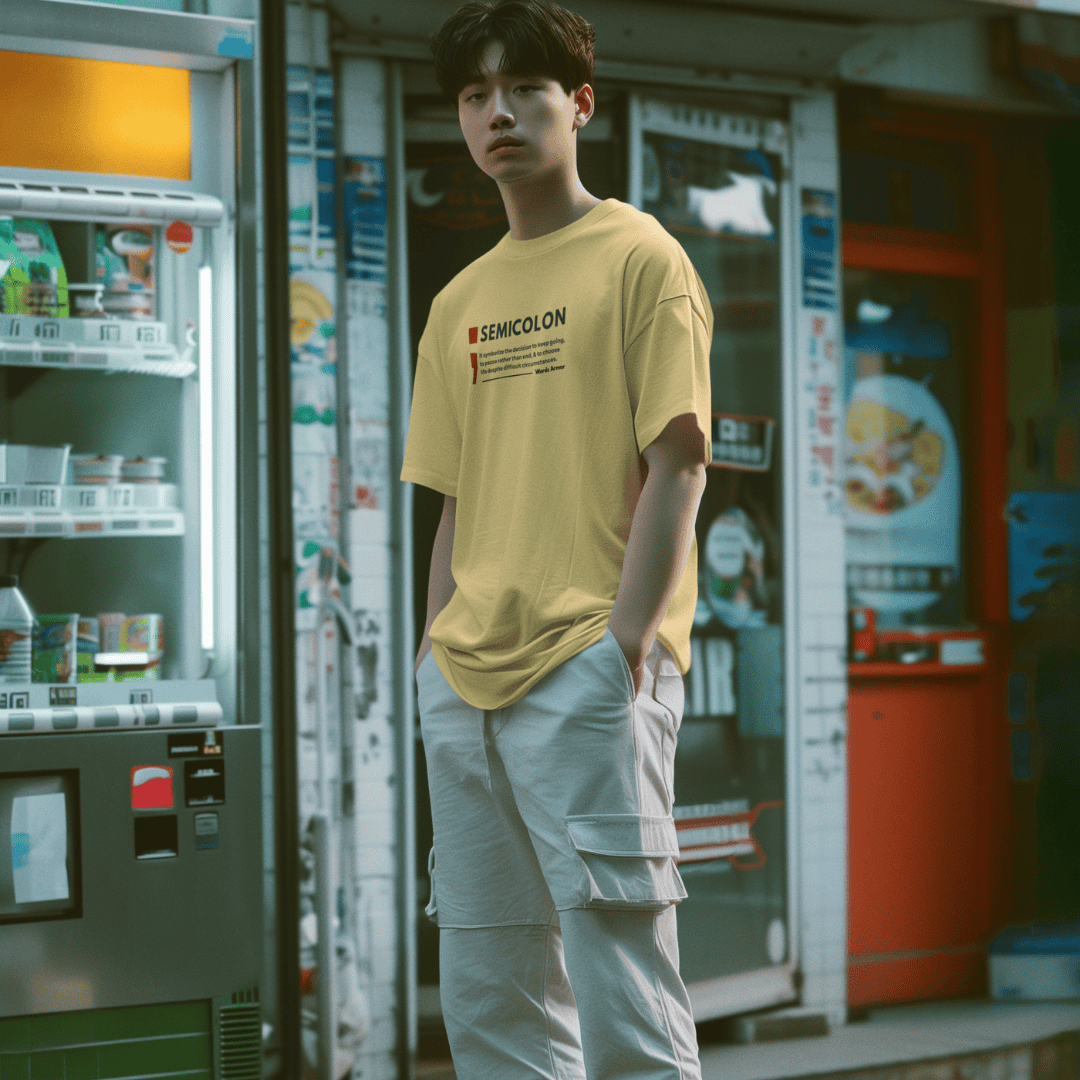 Person wearing a yellow t-shirt with semicolon text in front of a vending machine. wordsarmor