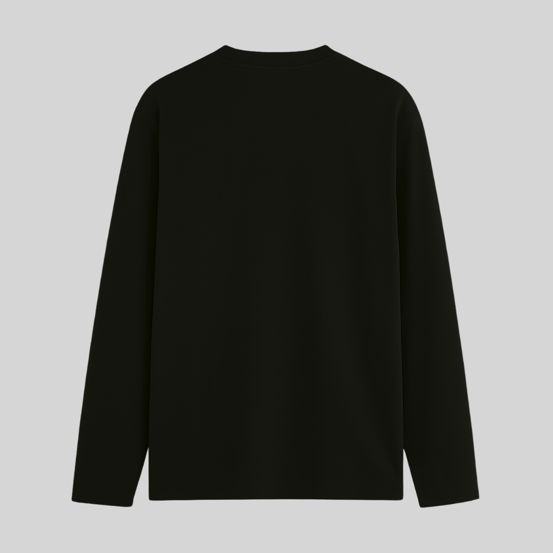 Black long-sleeve shirt on a light gray background wordsarmor