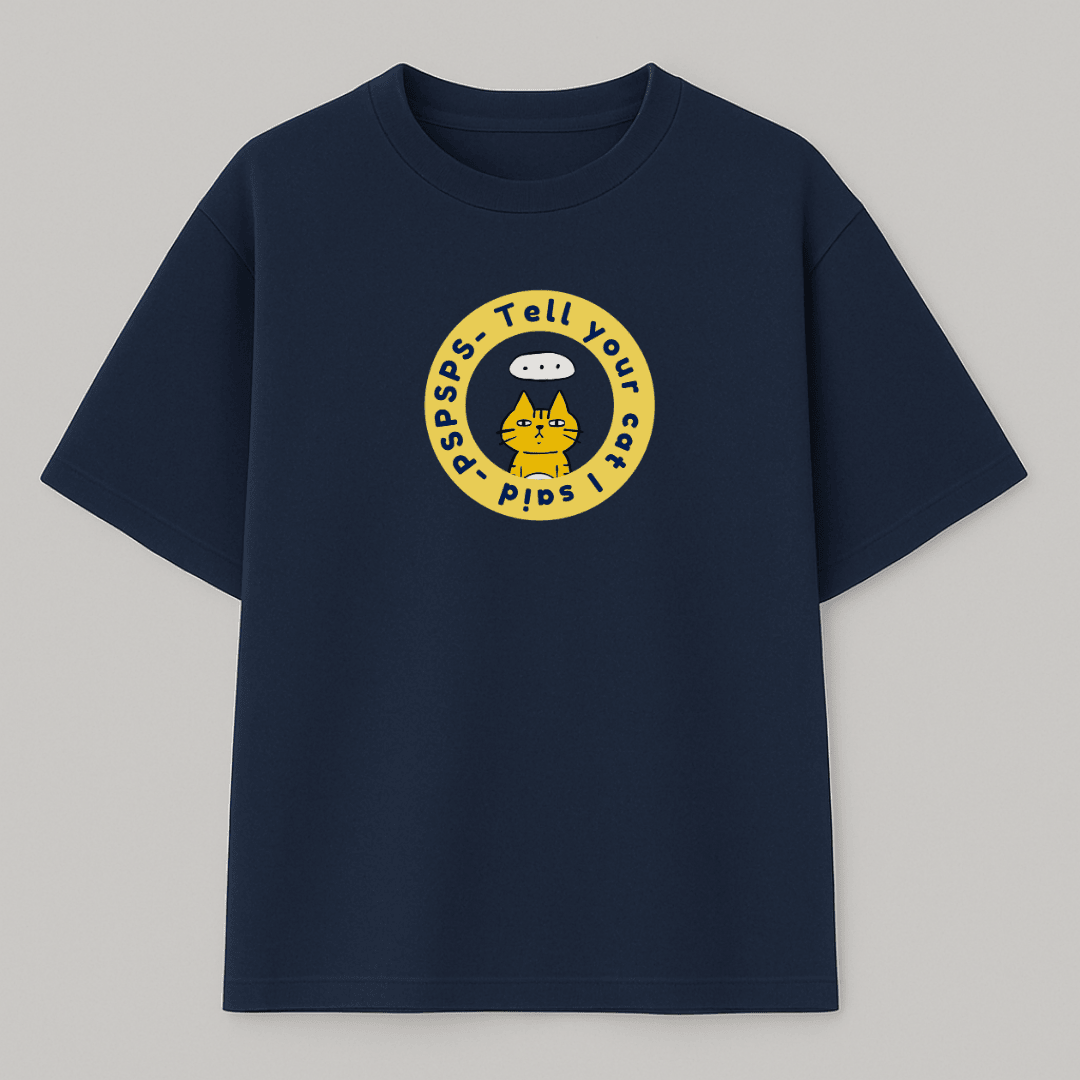 Navy blue meme t-shirt with yellow graphic design on a gray background wordsarmor