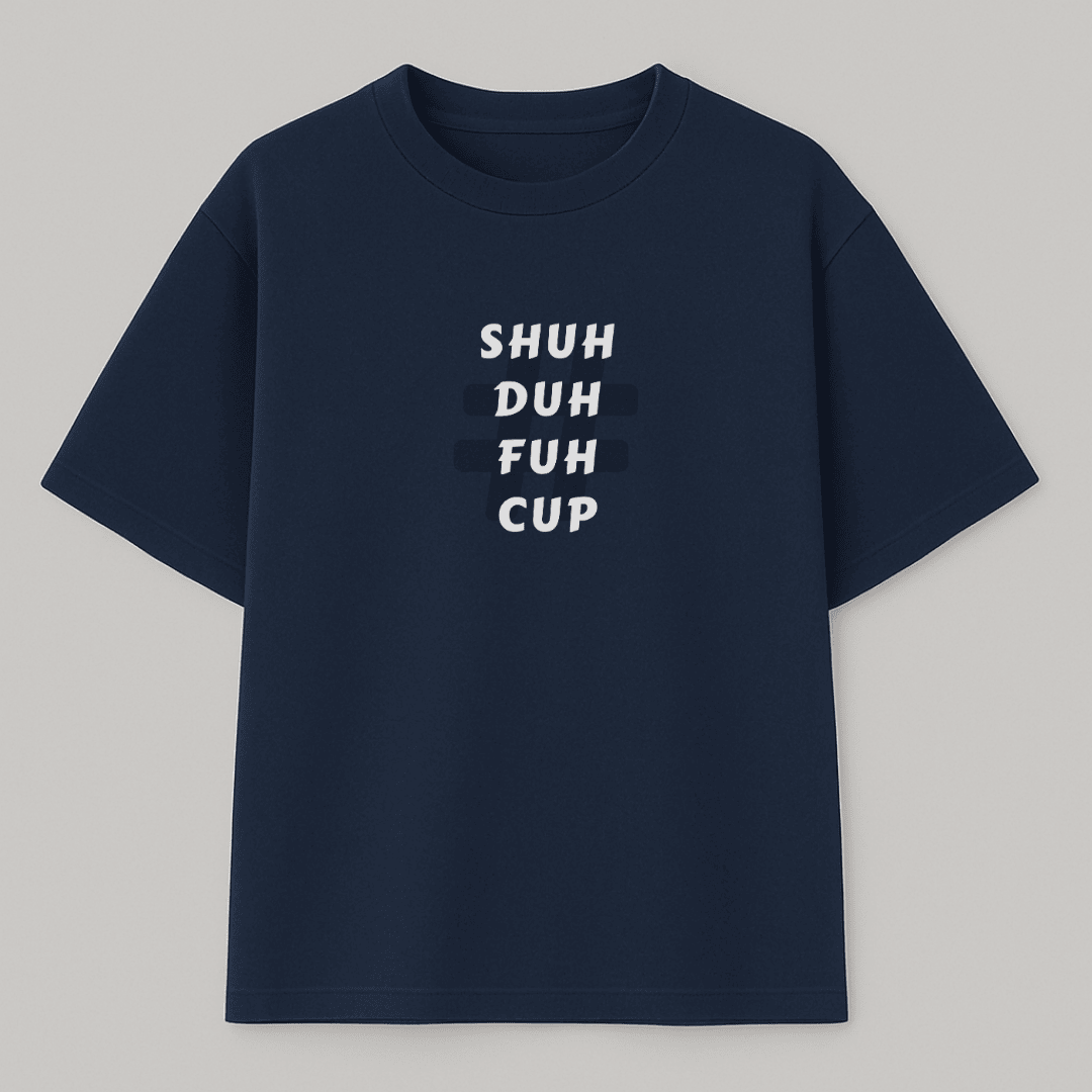 Navy blue t-shirt with white text on a gray background wordsarmor