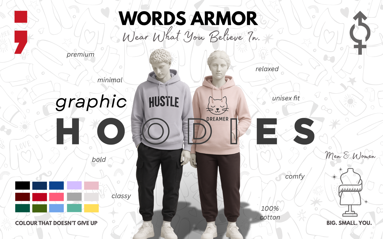 Premium graphic hoodies collection by Words Armor featuring bold printed designs, soft cotton fabric, and multiple colour options for men and women.