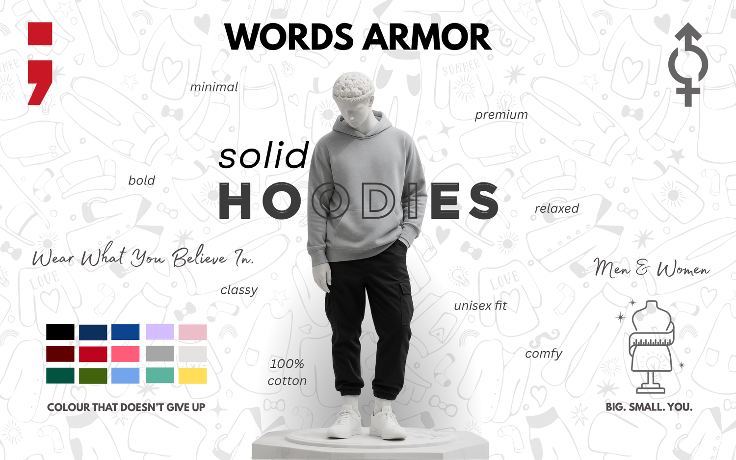 Premium solid hoodies collection by Words Armor featuring classic regular-fit cotton hoodies in multiple colours for men and women.